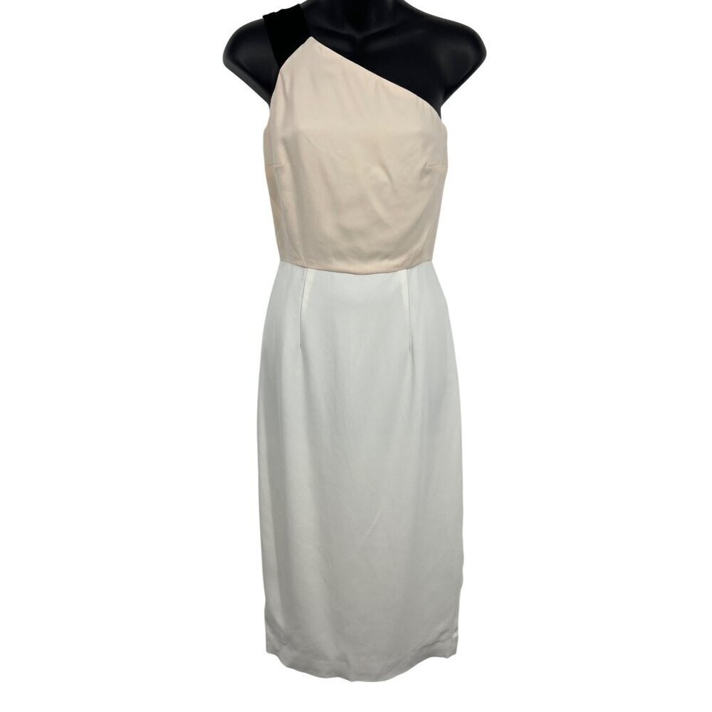 Reiss Riana-Col Block Bodycon Dress 2 White Nude One-Shoulder Sheath Women New